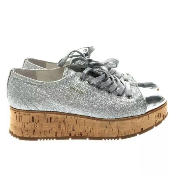 PRADA silver glitter cap toe lace up platform loafers EUC